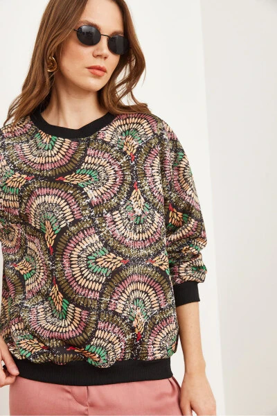 Ayollarning Geometrik Qora Basic Yumshoq To'qimali Keng Sweatshirt SWT-19000457 - 6