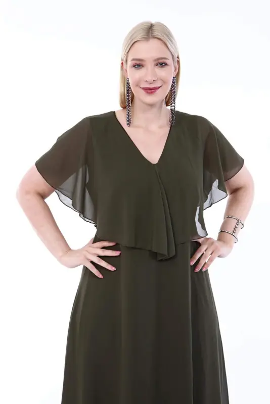 Ayollarning katta chifon V bo'yinli katta o'lchamli kiyim KL3065 Haki - 5