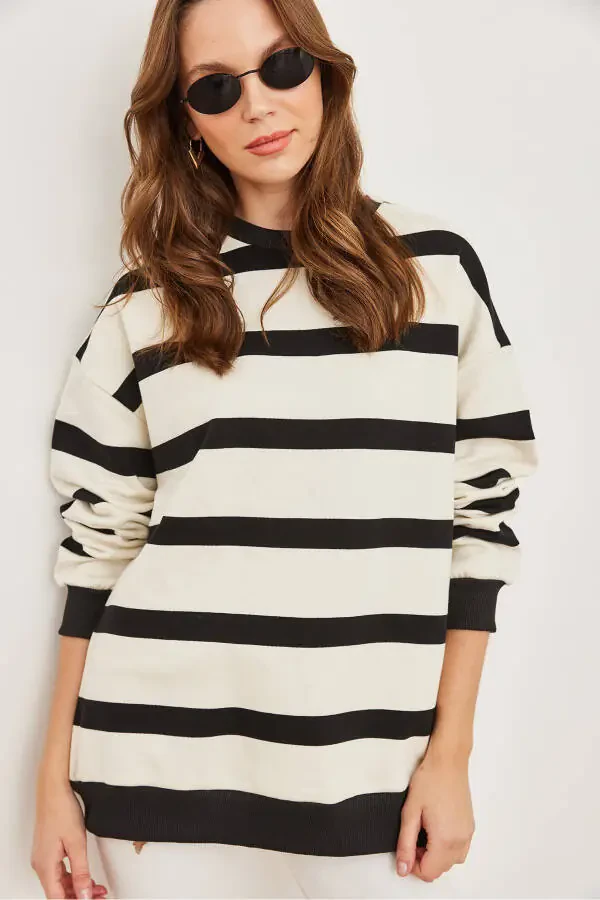 Ayollarning och rangli qora chiziqli keng maxmal mato sweatshirt SWT-19000665 - 3