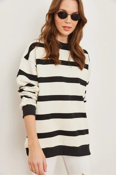 Ayollarning och rangli qora chiziqli keng maxmal mato sweatshirt SWT-19000665 - 4