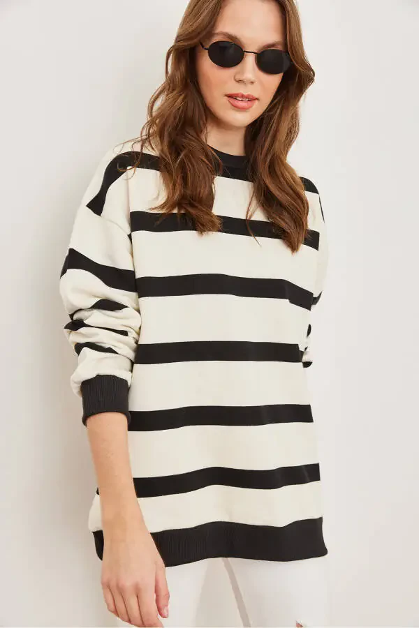 Ayollarning och rangli qora chiziqli keng maxmal mato sweatshirt SWT-19000665 - 4