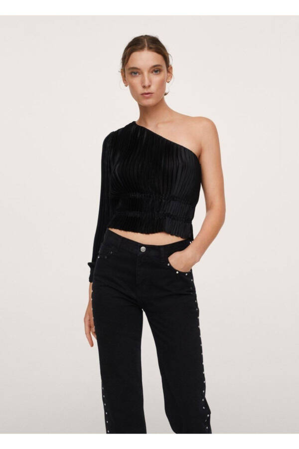 Ayollarning qora denimli mixli to'g'ri kesilgan jinsi - 5