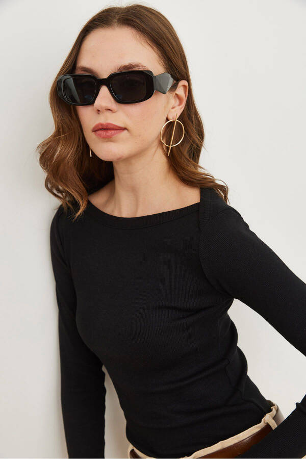 Ayollarning Qora Qayiq Yaka Burmalangan Cho'ziladigan Paxta Bluzkasi BLZ-19002795 - 6