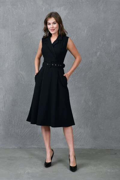 Ayolning kruvaze ko'ylagi yoqasi kamarlangan, detallangan, keng kesimli midi uzunlikdagi qora kechki libosi 012 - 4S1B FASHION