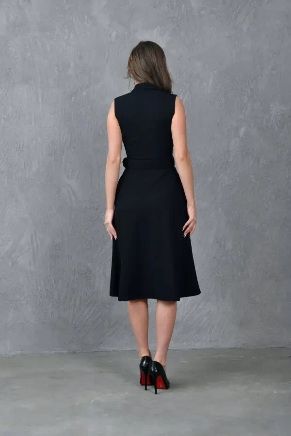 Ayolning kruvaze ko'ylagi yoqasi kamarlangan, detallangan, keng kesimli midi uzunlikdagi qora kechki libosi 012 - 3