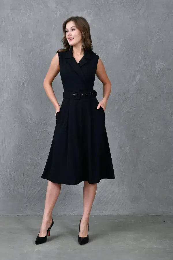 Ayolning kruvaze ko'ylagi yoqasi kamarlangan, detallangan, keng kesimli midi uzunlikdagi qora kechki libosi 012 - 5