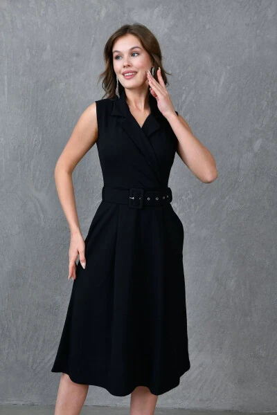 Ayolning kruvaze ko'ylagi yoqasi kamarlangan, detallangan, keng kesimli midi uzunlikdagi qora kechki libosi 012 - 6