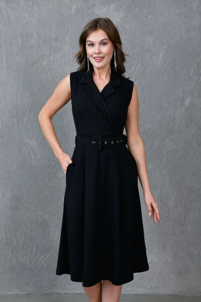 Ayolning kruvaze ko'ylagi yoqasi kamarlangan, detallangan, keng kesimli midi uzunlikdagi qora kechki libosi 012 - 8