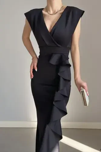 Ayoq qora skuba matoli, o'ralgan yoqali, volanli yubkali kechki libos. Bitiruv, nikoh uchun. - ALFUDO MODA COLLECTION (1)