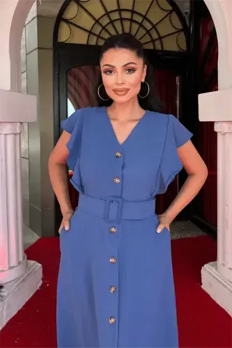 Ayrobin Kumaş Düğme Detaylı Elbise - İNDİGO MAVİ - 3