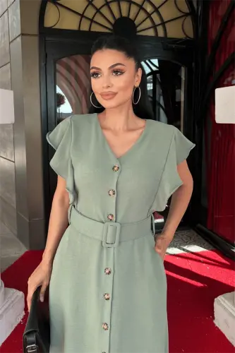 Ayrobin Kumaş Düğme Detaylı Elbise - MİNT YEŞİLİ - 3