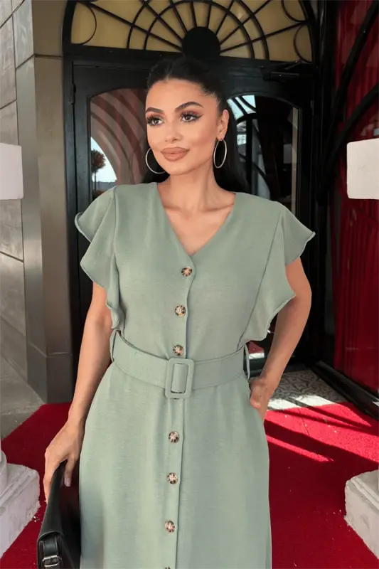 Ayrobin Kumaş Düğme Detaylı Elbise - MİNT YEŞİLİ - 3