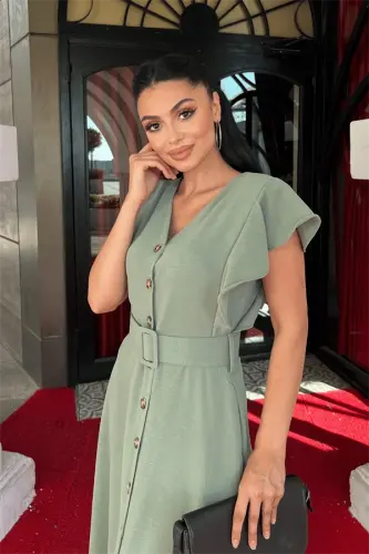 Ayrobin Kumaş Düğme Detaylı Elbise - MİNT YEŞİLİ - 4