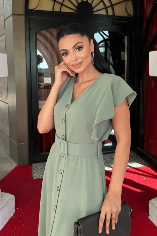 Ayrobin Kumaş Düğme Detaylı Elbise - MİNT YEŞİLİ - 4