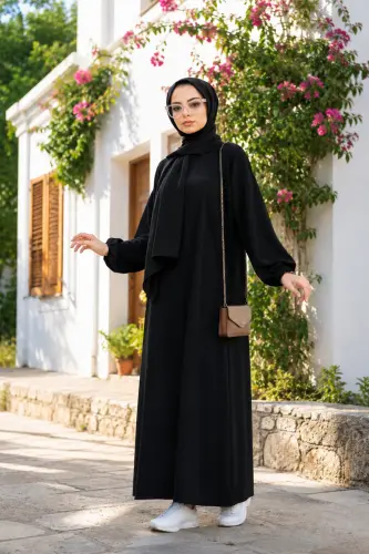 Ayrobin Kumaş Salaş Spor Ferace Elbise - siyah - GABRA (1)