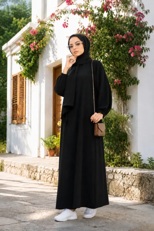 Ayrobin Kumaş Salaş Spor Ferace Elbise - siyah - 1