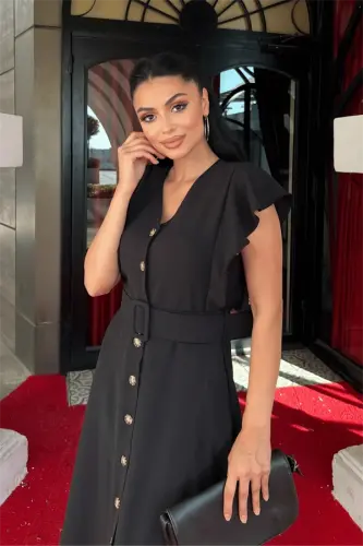 Ayrobin mato Tugma tafsilotli ko'ylak - QORA - 4