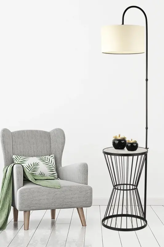 Aytuğ Floor Lamp Black Marble Wood Cream Shade-Black - 2