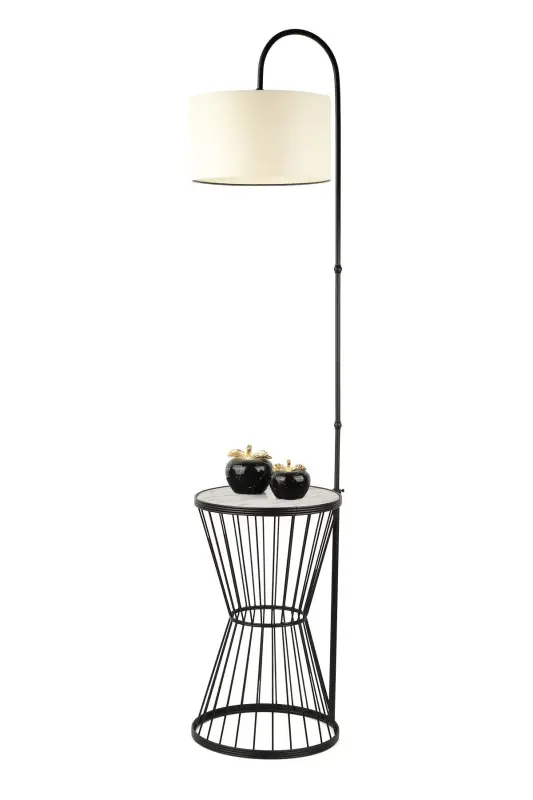 Aytuğ Floor Lamp Black Marble Wood Cream Shade-Black - 3