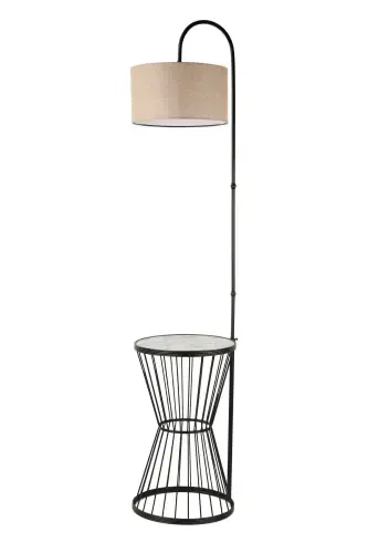 Aytuğ Floor Lamp Black Marble Wood Rattan Shade-Black - 1