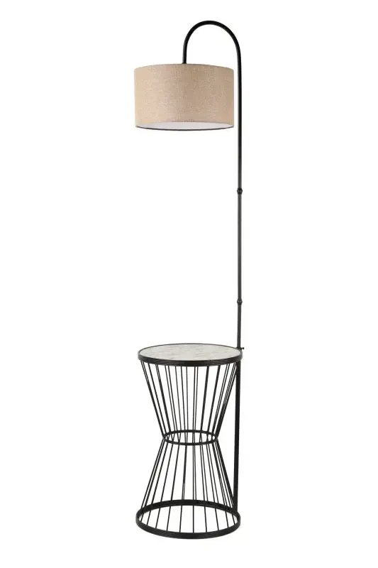 Aytuğ Floor Lamp Black Marble Wood Rattan Shade-Black - 1