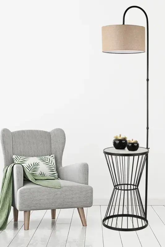 Aytuğ Floor Lamp Black Marble Wood Rattan Shade-Black - 2