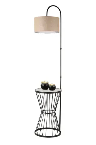 Aytuğ Floor Lamp Black Marble Wood Rattan Shade-Black - 3