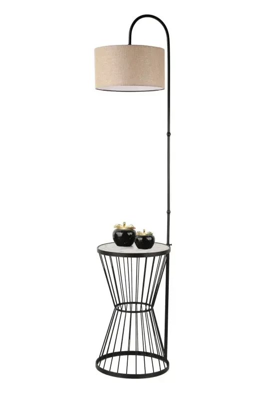 Aytuğ Floor Lamp Black Marble Wood Rattan Shade-Black - 3
