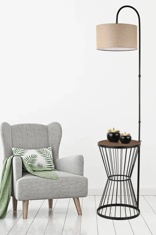 Aytuğ Floor Lamp Black Walnut Wood Rattan Shade-Black - 2