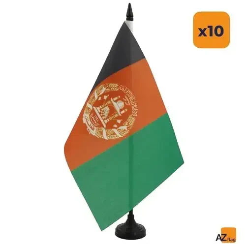 AZ FLAG - Set of 10 Afghanistan Table Flags 21 x 14 cm. - 10 Small Afghan Office Flags 100% Polyester with 25 cm. Pole and Black Plastic Base - AZ FLAG (1)