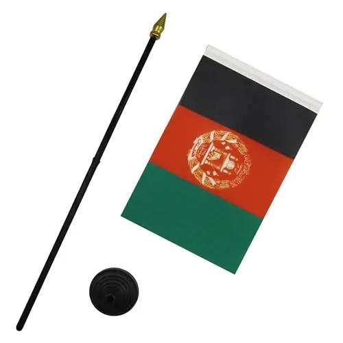 AZ FLAG - Afghanistan Table Flag 4'' x 6'' - Afghan Mini Desk Flag 100% Polyester 15 x 10 cm. - Office Banner with 10'' Pole - Golden Spear - 3