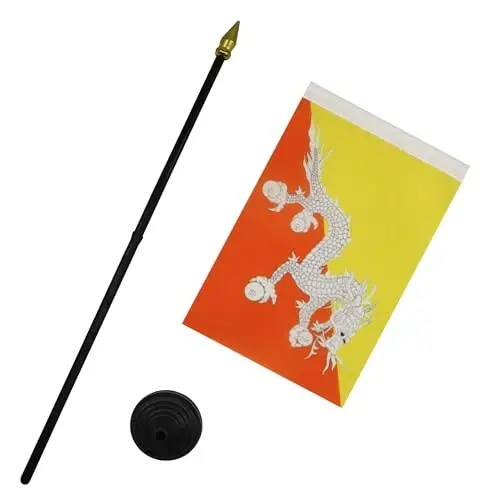 AZ FLAG - Bhutan Table Flag 4'' x 6'' - Bhutanese Mini Desk Flag 100% Polyester 15 x 10 cm. - Office Banner with 10'' Pole - Golden Spear - 3