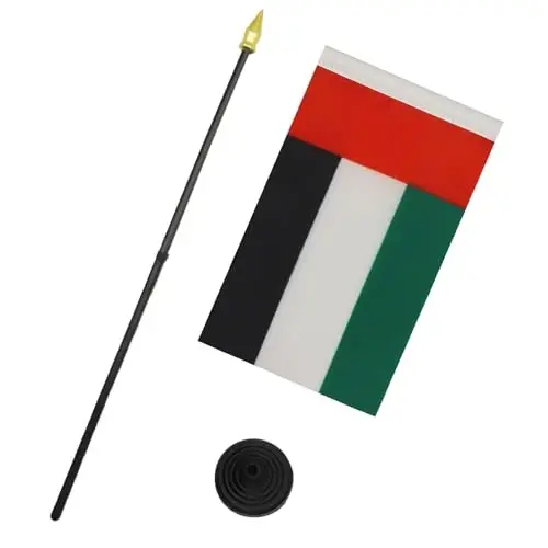 AZ FLAG - United Arab Emirates Table Flag 4'' x 6'' - Emirati Mini Desk Flag 100% Polyester 15 x 10 cm. - Office Banner with 10'' Pole - Golden Spear - 3