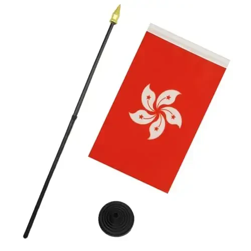 AZ FLAG - Hong Kong Table Flag 4'' x 6'' - Hong Konger Mini Desk Flag 100% Polyester 15 x 10 cm. - Office Banner with 10'' Pole - Golden Spear - 3