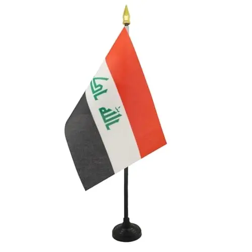 AZ FLAG - Iraq Table Flag 4'' x 6'' - Iraqi Mini Desk Flag 100% Polyester 15 x 10 cm. - Office Banner with 10'' Pole - Golden Spear - 2