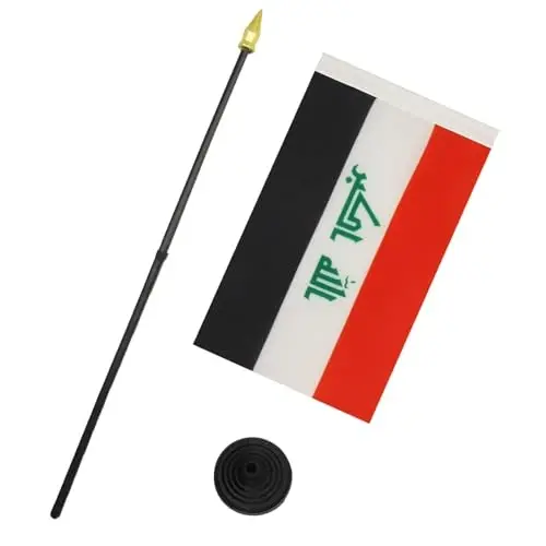 AZ FLAG - Iraq Table Flag 4'' x 6'' - Iraqi Mini Desk Flag 100% Polyester 15 x 10 cm. - Office Banner with 10'' Pole - Golden Spear - 3