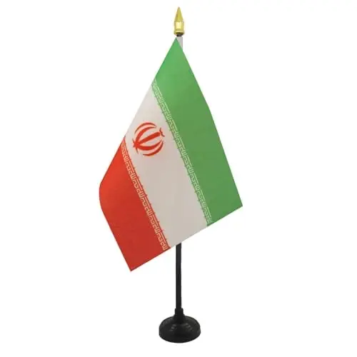 AZ FLAG - Iran Table Flag 4'' x 6'' - Iranian Mini Desk Flag 100% Polyester 15 x 10 cm. - Office Banner with 10'' Pole - Golden Spear - 1