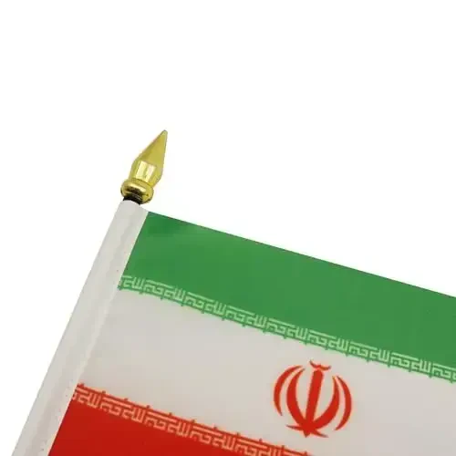 AZ FLAG - Iran Table Flag 4'' x 6'' - Iranian Mini Desk Flag 100% Polyester 15 x 10 cm. - Office Banner with 10'' Pole - Golden Spear - 4