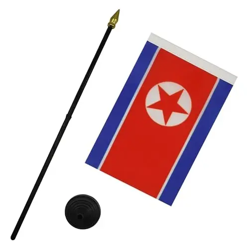 AZ FLAG - North Korea Table Flag 4'' x 6'' - North Korean Mini Desk Flag 100% Polyester 15 x 10 cm. - Office Banner with 10'' Pole - Golden Spear - 3