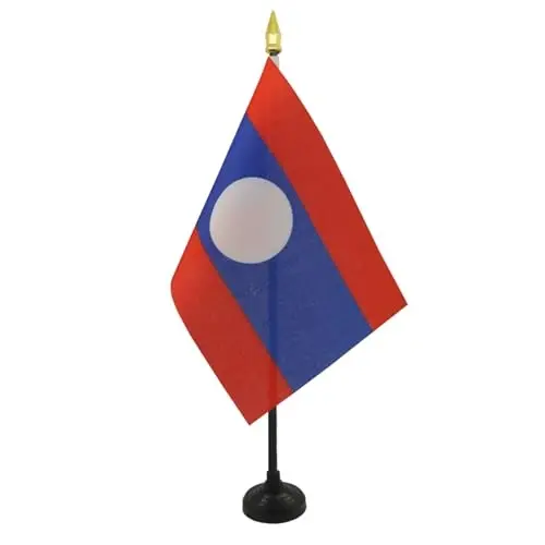 AZ FLAG - Laos Table Flag 4'' x 6'' - Laotian Mini Desk Flag 100% Polyester 15 x 10 cm. - Office Banner with 10'' Pole - Golden Spear - 2