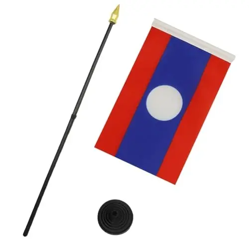AZ FLAG - Laos Table Flag 4'' x 6'' - Laotian Mini Desk Flag 100% Polyester 15 x 10 cm. - Office Banner with 10'' Pole - Golden Spear - 3