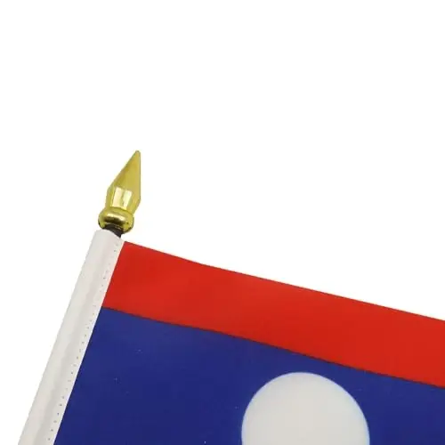 AZ FLAG - Laos Table Flag 4'' x 6'' - Laotian Mini Desk Flag 100% Polyester 15 x 10 cm. - Office Banner with 10'' Pole - Golden Spear - 4