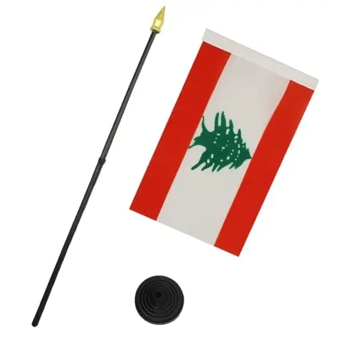 AZ FLAG - Lebanon Table Flag 4'' x 6'' - Lebanese Mini Desk Flag 100% Polyester 15 x 10 cm. - Office Banner with 10'' Pole - Golden Spear - 3