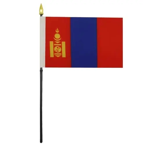 AZ FLAG - Mongolia Table Flag 4'' x 6'' - Mongolian Mini Desk Flag 100% Polyester 15 x 10 cm. - Office Banner with 10'' Pole - Golden Spear - 1