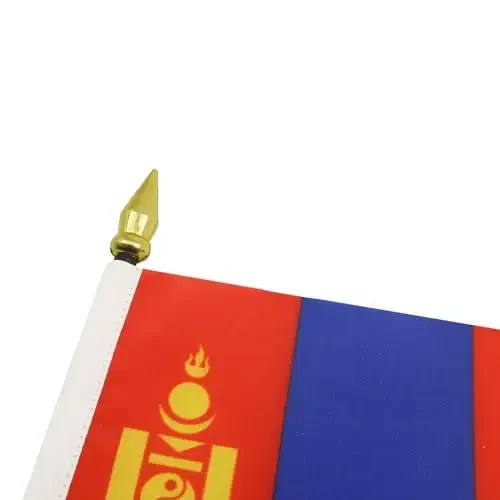 AZ FLAG - Mongolia Table Flag 4'' x 6'' - Mongolian Mini Desk Flag 100% Polyester 15 x 10 cm. - Office Banner with 10'' Pole - Golden Spear - 4