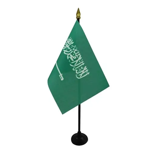 AZ FLAG - Saudi Arabia Table Flag 4'' x 6'' - Saudi Arabian Mini Desk Flag 100% Polyester 15 x 10 cm. - Office Banner with 10'' Pole - Golden Spear - AZ FLAG (1)
