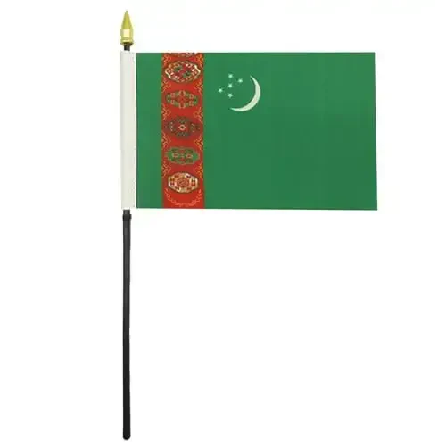AZ FLAG - Turkmenistan Table Flag 4'' x 6'' - Turkmen Mini Desk Flag 100% Polyester 15 x 10 cm. - Office Banner with 10'' Pole - Golden Spear - AZ FLAG (1)