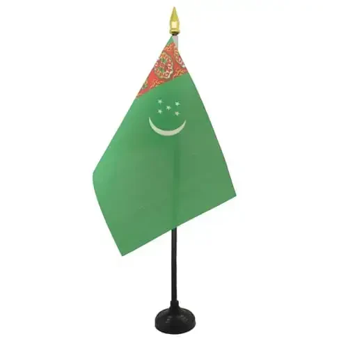 AZ FLAG - Turkmenistan Table Flag 4'' x 6'' - Turkmen Mini Desk Flag 100% Polyester 15 x 10 cm. - Office Banner with 10'' Pole - Golden Spear - 1
