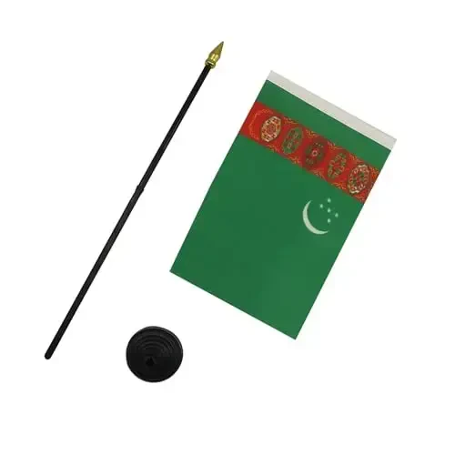 AZ FLAG - Turkmenistan Table Flag 4'' x 6'' - Turkmen Mini Desk Flag 100% Polyester 15 x 10 cm. - Office Banner with 10'' Pole - Golden Spear - 3
