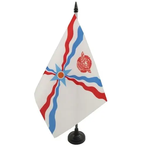 AZ FLAG Assyria Table Flag 5'' x 8'' - Assyrian Desk Flag 21 x 14 cm. - Black plastic stick and base - 1